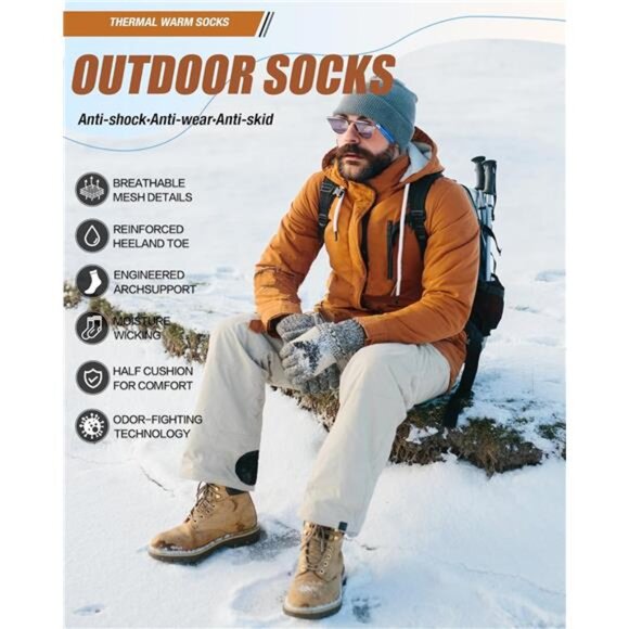 3 Pairs Men's Merino Wool Socks Thermal Winter Socks with Cushioned Support - Picture 2 of 4